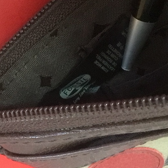 💐Authentic Fossil Leather Corner Zip Wristlet Wallet Clutch Brown Floral - Picture 6 of 8